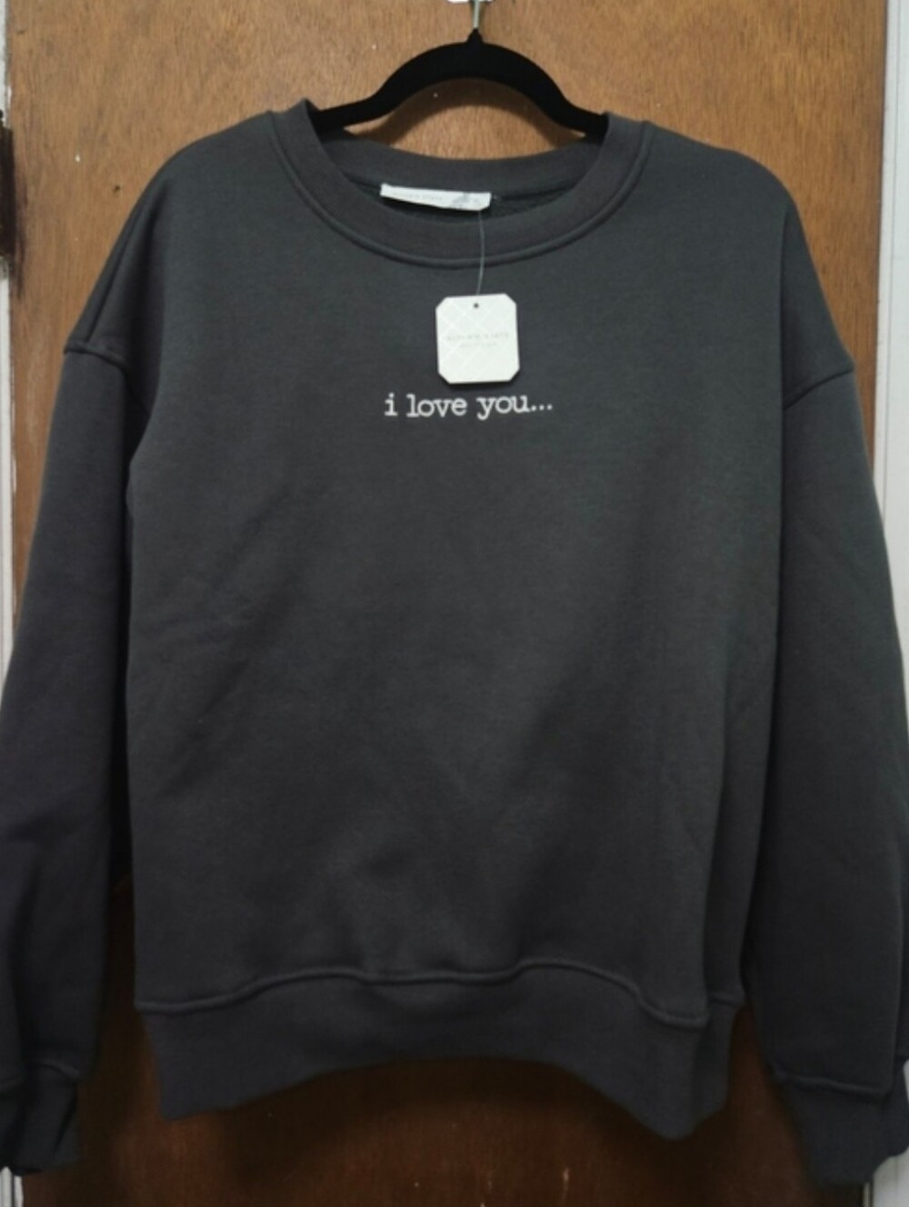 Altar'd State Taylor Swift Charcoal Gray Crewneck Sweater w/ White Embroidered - Picture 3 of 6
